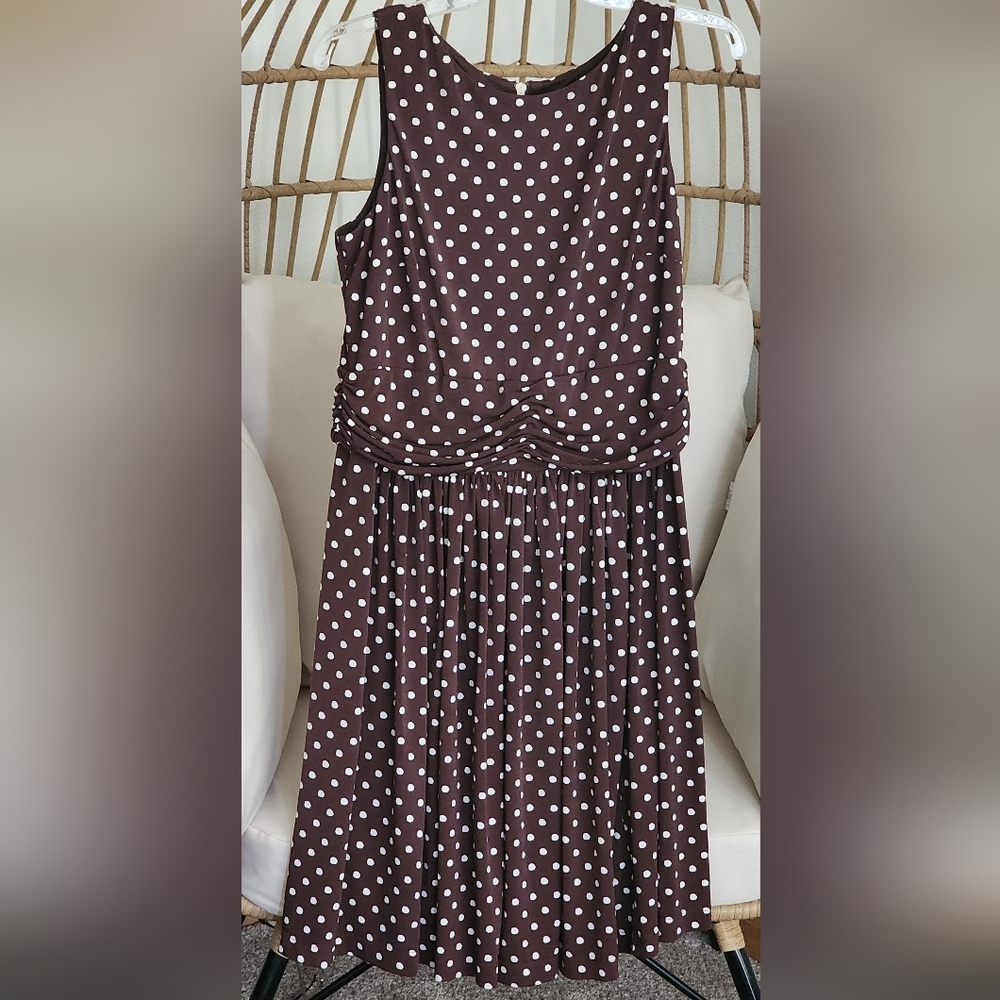 Sleeveless Brown Polka Dot Dress Rouched Waist Zip Close Knee Length  Size 12
